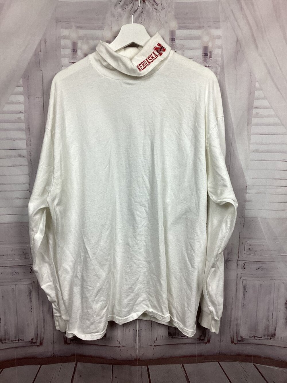 Vintage Nebraska Turtleneck Shirt White Long Sleeve Embroidered XL
